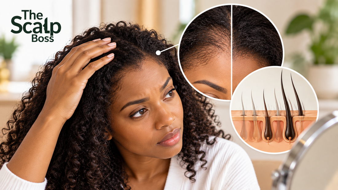 Woman examining existing hair and hair loss after a hair transplant