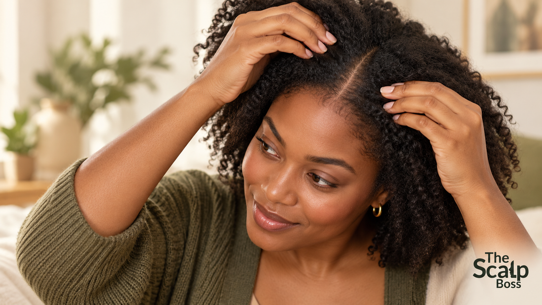 Woman gently checking her hair part for signs of new growth during her hair regrowth timeline.